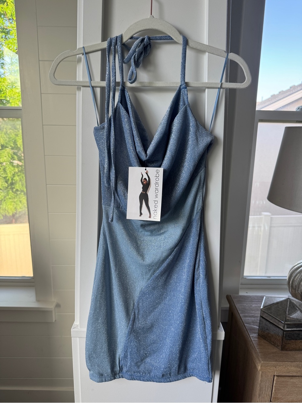 Naked Wardrobe Blue Metallic Shimmer Colorblock Halter Mini Dress NWT